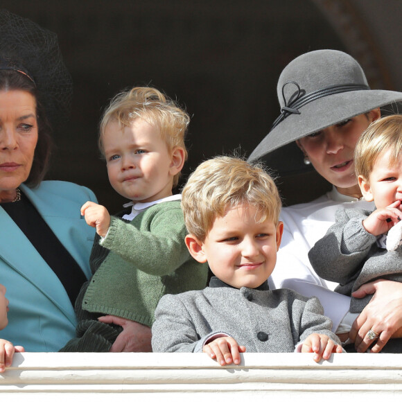 La princesse Caroline de Hanovre et son petit-fils Francesco, Tatiana Santo Domingo et ses enfants Sacha, India et Maximilian - La famille princière de Monaco au balcon du palais lors de la Fête nationale monégasque à Monaco. Le 19 novembre 2019 © Dominique Jacovides / Bestimage