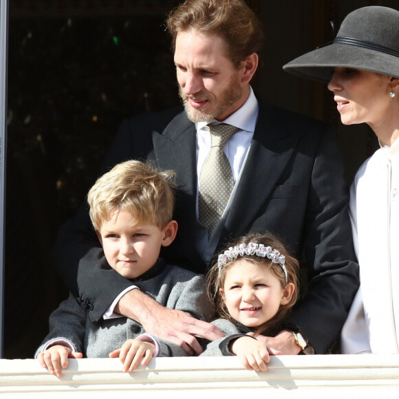 Andrea Casiraghi, sa femme Tatiana Santo Domingo et leurs enfants Sacha et India - La famille princière de Monaco au balcon du palais lors de la Fête nationale monégasque à Monaco. Le 19 novembre 2019 © Dominique Jacovides / Bestimage