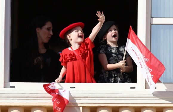 Chantell Wittstock, la princesse Gabriella et Kaia Rose Wittstock - La famille princière de Monaco au balcon du palais lors de la Fête nationale monégasque à Monaco. Le 19 novembre 2019 © Dominique Jacovides / Bestimage