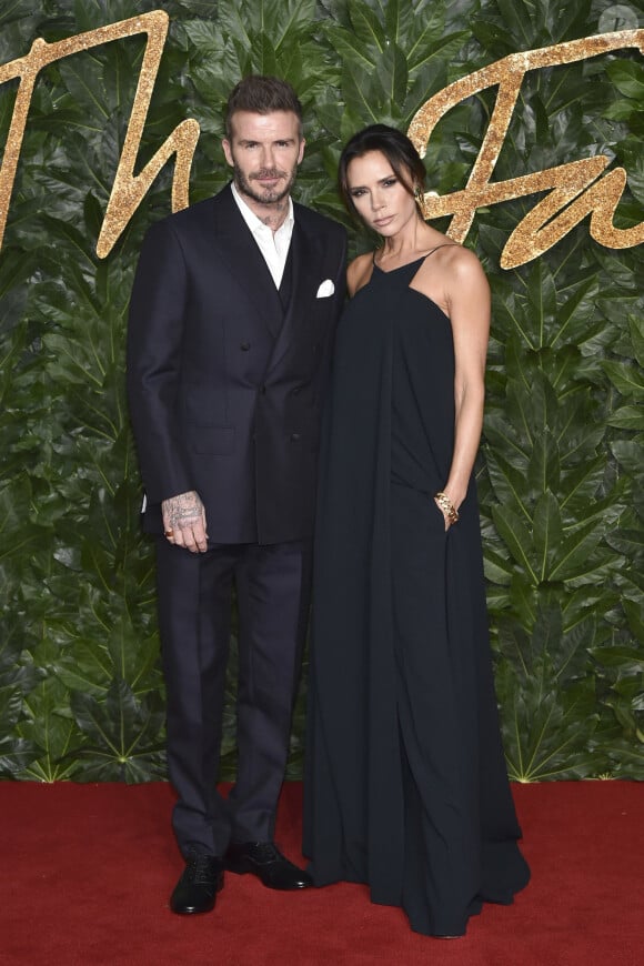 David Beckham et sa femme Victoria Beckham à la soirée British Fashion Awards 2018 au Royal Albert Hall à Londres, le 10 décembre 2018.