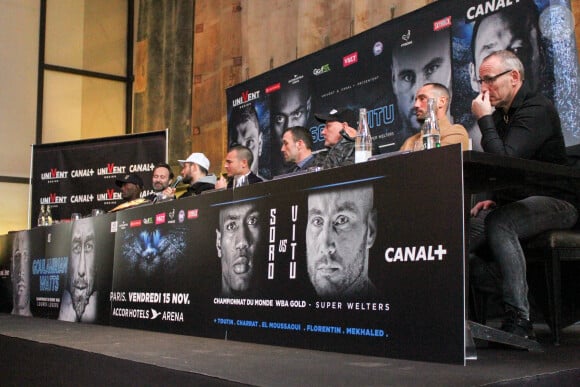 Michel Soro , guest, Arsen Goulamirian, Sébastien Acariès, Kane Watts, Brian Amatruda, Cédric Vitu, Jean-Christophe Vitu - Boxe : Conference de presse avant les combats entre Arsen.Goulamirian vs Kane.Watts et Michel.Soro vs Cédric.Vitu à Paris le 12 novembre 2019. © Kevin Domas / Panoramic / Bestimage