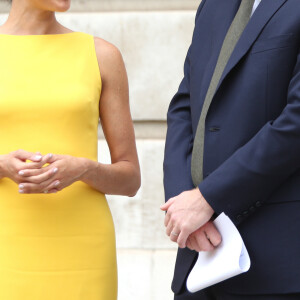 Le prince Harry, duc de Sussex, et Meghan Markle, duchesse de Sussex, assistent à la réception du "Your Commonwealth Youth Challenge" au Marlborough House à Londres, le 5 juillet 2018.