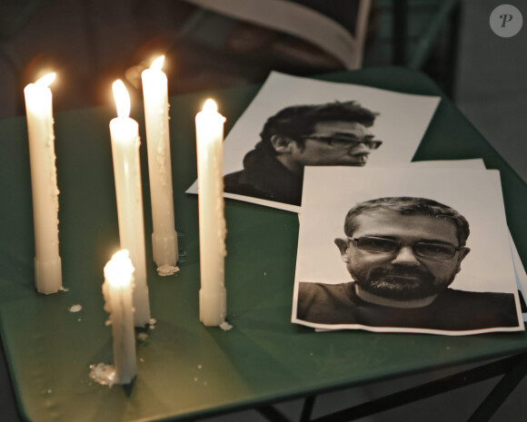 Photos des dessinateurs Charb et Tignous tués lors de l'attaque de "Charlie Hebdo" à Paris, le 7 janvier 2015.