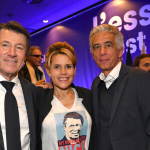 Christian Estrosi, le maire de Nice, sa femme, Laura Tenoudji Estrosi et Jean-Pierre Rivère, le président du club de football de Nice, durant la première réunion publique au Palais Acropolis à Nice le 19 janvier 2020 dans le cadre des prochaines élections municipales le 15 et le 22 mars. Laura Tenoudji Estrosi portait un T shirt avec un portrait imprimé de son mari le maire de Nice avec comme slogan : "My Husband is so Nice". © Bruno Bebert/Bestimage