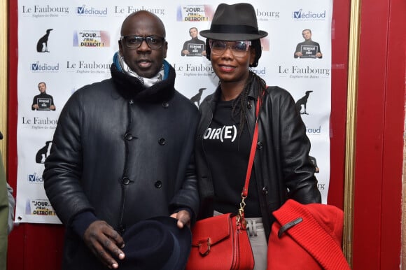 Exclusif - Lilian Thuram et sa compagne Kareen Guiock - Générale de la pièce de théâtre "Un Jour J'irai à Détroit !" au théâtre du Gymnase Marie Bell à Paris, France, le 20 janvie 2020. C'est sur une note historique et de devoir que S.Bugsy et D.Desclos ont souhaité au travers d'une pièce de théâtre, montrer et partager le combat des révoltés tirailleurs sénégalais, massacrés par l'armée française à Thiaroye le 01 décembre 1944. Mise en scène par D.Coubes. © Giancarlo Gorassini/Bestimage