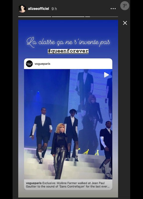 Alizée a commenté la venue de Mylène Farmer au dernier défilé Jean Paul Gaultier, sur Instagram, le 23 janvier 2020.