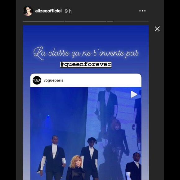Alizée a commenté la venue de Mylène Farmer au dernier défilé Jean Paul Gaultier, sur Instagram, le 23 janvier 2020.