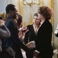Fanny Ardant et le couturier Imane Ayissi à l'issue du défilé Imane Ayissi, saison Haute Couture printemps-été 2020, à l'hôtel La Marois. Paris, le 23 janvier 2020.