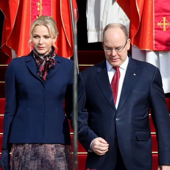 Le prince Albert II de Monaco et sa femme la princesse Charlene ont assisté à la traditionnelle messe durant la célébration de la Sainte Dévote, Sainte patronne de Monaco, à Monaco le 27 janvier 2020. c'est le dernier office religieux en Principauté pour Monseigneur Barsi. © Bruno Bebert/Bestimage