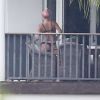 Lady Gaga se promène en sous-vêtements sur son balcon à Miami le 1er février 2020.  Miami, FL - Lady Gaga in enjoys the views from her Miami balcony in her underwear ahead of the Super Bowl. Gaga looks great as she shows off her assets in the tiny black lingerie.01/02/2020 - Miami