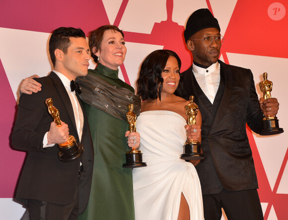 Rami Malek (Oscar du meilleur acteur pour le film "Bohemian Rhapsody"), Olivia Colman (Oscar de la meilleure actrice pour le film "La Favorite"), Regina King (Oscar de la meilleure actrice dans un second rôle pour le film "Si Beale Street pouvait parler"), Mahershala Ali (Oscar du meilleur acteur dans un second rôle pour le film "Green Book : Sur les routes du sud") - Pressroom de la 91e cérémonie des Oscars 2019 au théâtre Dolby à Los Angeles, le 24 février 2019.