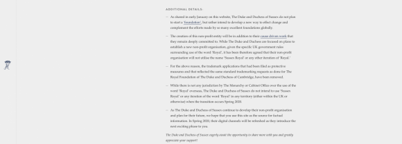 Les détails du "Megxit" publiés sur le site officiel du prince Harry et Meghan Markle, le 21 février 2020.