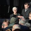 Le président Emmanuel Macron et Danièle Charasse, la veuve lors des obsèques de Michel Charasse en présence du Président de la République à Puy-Guillaume dans le Puy-de-Dôme le 26 février 2020. © Patrick Bernard / Bestimage