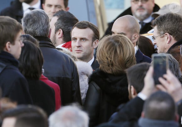 Le président Emmanuel Macron lors des obsèques de Michel Charasse en présence du Président de la République à Puy-Guillaume dans le Puy-de-Dôme le 26 février 2020. © Patrick Bernard / Bestimage