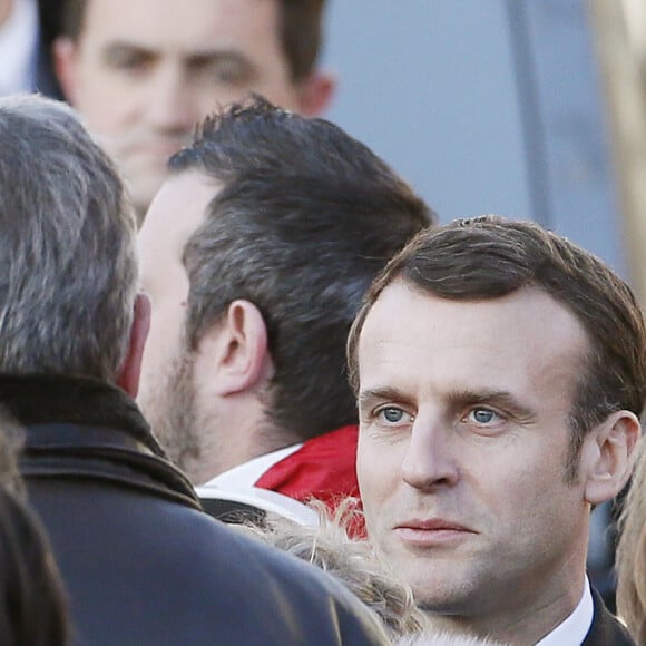 Le président Emmanuel Macron lors des obsèques de Michel Charasse en présence du Président de la République à Puy-Guillaume dans le Puy-de-Dôme le 26 février 2020. © Patrick Bernard / Bestimage