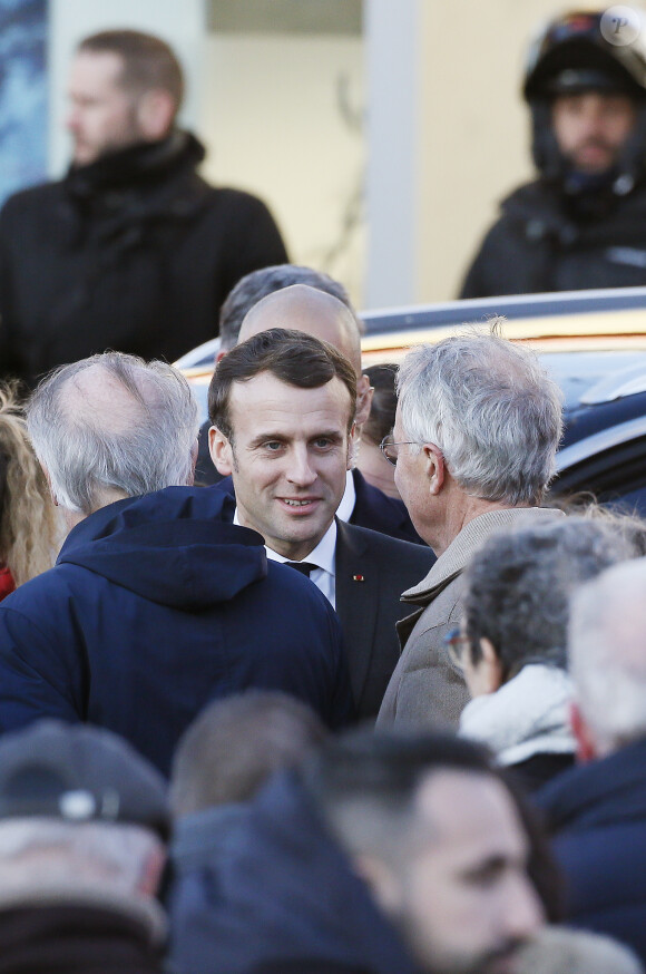 Le président Emmanuel Macron lors des obsèques de Michel Charasse en présence du Président de la République à Puy-Guillaume dans le Puy-de-Dôme le 26 février 2020. © Patrick Bernard / Bestimage