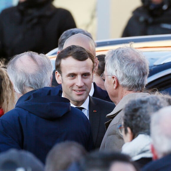 Le président Emmanuel Macron lors des obsèques de Michel Charasse en présence du Président de la République à Puy-Guillaume dans le Puy-de-Dôme le 26 février 2020. © Patrick Bernard / Bestimage