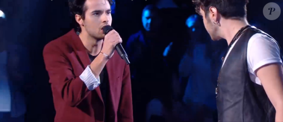 Sam et Romain s'affrontent lors des battles de "The Voice" - Talents de l'équipe de Lara Fabian. Emission du samedi 7 mars 2020, TF1