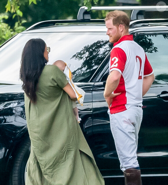 Le prince Harry, duc de Sussex, Meghan Markle, duchesse de Sussex et leur fils Archie Harrison Mountbatten-Windsor lors d'un match de polo de bienfaisance King Power Royal Charity Polo Day à Wokinghan, comté de Berkshire, Royaume Uni, le 10 juillet 2019.