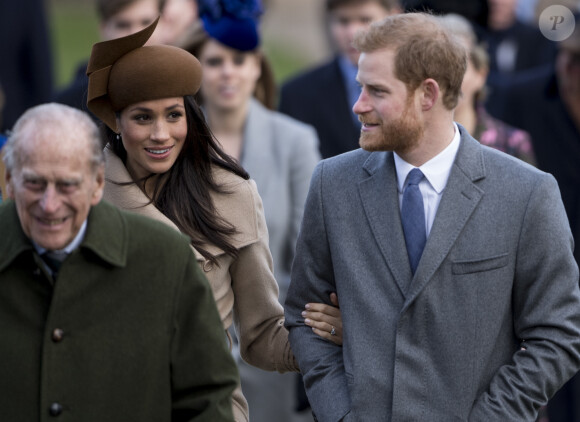 Le prince Philip, duc d'Edimbourg, le prince Harry et sa fiancée Meghan Markle - La famille royale d'Angleterre arrive à la messe de Noël à l'église Sainte-Marie-Madeleine à Sandringham, le 25 décembre 2017. 25 December 2017.