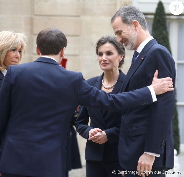 Le président Emmanuel Macron et la première dame Brigitte Macron ont reçu le roi Felipe VI d'Espagne et la reine Letizia à déjeuner au palais de l'Elysée, à Paris, le 11 mars 2020, avant la cérémonie de la Journée nationale d'hommage aux victimes du terrorisme organisée au Trocadéro. © Dominique Jacovides / Bestimage