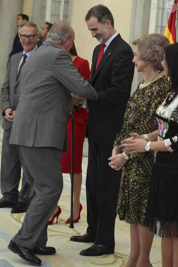 Le roi Felipe VI d'Espagne et son père le roi Juan Carlos le 10 janvier 2019 lors de la cérémonie des Prix nationaux du sport espagnol au palais du Pardo à Madrid.