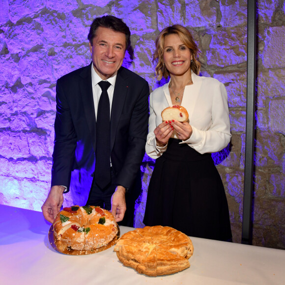 Exclusif - Christian Estrosi, le maire de Nice, et sa femme Laura Tenoudji Estrosi posent devant la galette des rois durant les voeux de la Ville de Nice, de la Métropole Nice Côte d'Azur, du CCAS de la Ville de Nice et de la Région Provence-Alpes-Côte d'Azur à Nice le 6 janvier 2020 dans l'ancienne église des Franciscains, joyau du patrimoine niçois, récemment réhabilitée. © Bruno Bebert/Bestimage