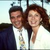 Véronique Genest et son mari - Tournoi de pétanque de célébrités à Paris. Le 15 juin 1994.