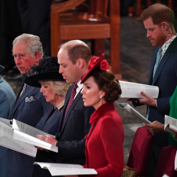 Le prince William, duc de Cambridge, et Catherine (Kate) Middleton, duchesse de Cambridge, Le prince Charles, prince de Galles, et Camilla Parker Bowles, duchesse de Cornouailles, Le prince Harry, duc de Sussex, Meghan Markle, duchesse de Sussex - La famille royale d'Angleterre lors de la cérémonie du Commonwealth en l'abbaye de Westminster à Londres le 9 mars 2020.