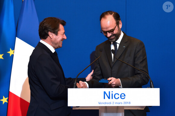 Christian Estrosi, à gauche, le maire de Nice, et Edouard Philippe, le Premier ministre, à la mairie de Nice le 2 mars 2018, pour une rencontre avec les forces économiques et sociales ainsi que les élus locaux. © Bruno Bebert/Bestimage
