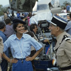 Louis de Funès, Guy Grosso et Elisabeth (Babeth) Etienne lors du tournage du film "Le Gendarme et les gendarmettes" en novembre 1982.