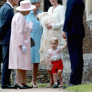 Le prince William, Kate Middleton, la duchesse de Cambridge, leur fils le prince George de Cambridge, la princesse Charlotte de Cambridge, le prince Philip duc d'Edimbourg, la reine Elisabeth II et Camilla Parker Bowles, la duchesse de Cornouailles - Sorties après le baptême de la princesse Charlotte de Cambridge à l'église St. Mary Magdalene à Sandringham, le 5 juillet 2015.