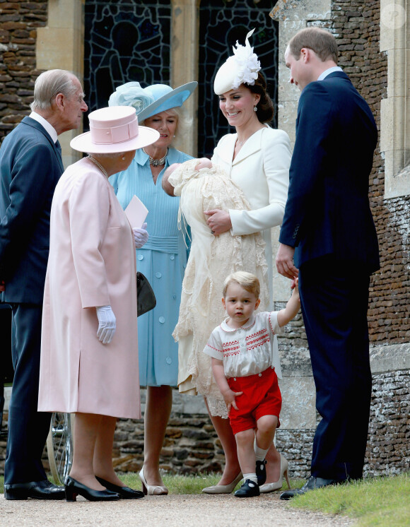 Le prince William, Kate Middleton, la duchesse de Cambridge, leur fils le prince George de Cambridge, la princesse Charlotte de Cambridge, le prince Philip duc d'Edimbourg, la reine Elisabeth II et Camilla Parker Bowles, la duchesse de Cornouailles - Sorties après le baptême de la princesse Charlotte de Cambridge à l'église St. Mary Magdalene à Sandringham, le 5 juillet 2015.