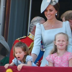 Catherine (Kate) Middleton, duchesse de Cambridge, le prince William, duc de Cambridge, le prince George de Cambridge, la princesse Charlotte de Cambridge, Savannah Phillips - Les membres de la famille royale britannique lors du rassemblement militaire "Trooping the Colour" (le "salut aux couleurs"), célébrant l'anniversaire officiel du souverain britannique. Cette parade a lieu à Horse Guards Parade, chaque année au cours du deuxième samedi du mois de juin. Londres, le 9 juin 2018.