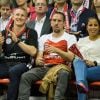 Franck Ribéry avec sa femme Wahiba et Bastian Schweinsteiger lors d'un match de basket de l'Euroleague opposant le FC Bayern Munich au Maccabi Tel Aviv, à Munich, le 3 avril 2014. Photo by Sabastian Widmann/Action Press/ABACAPRESS.COM