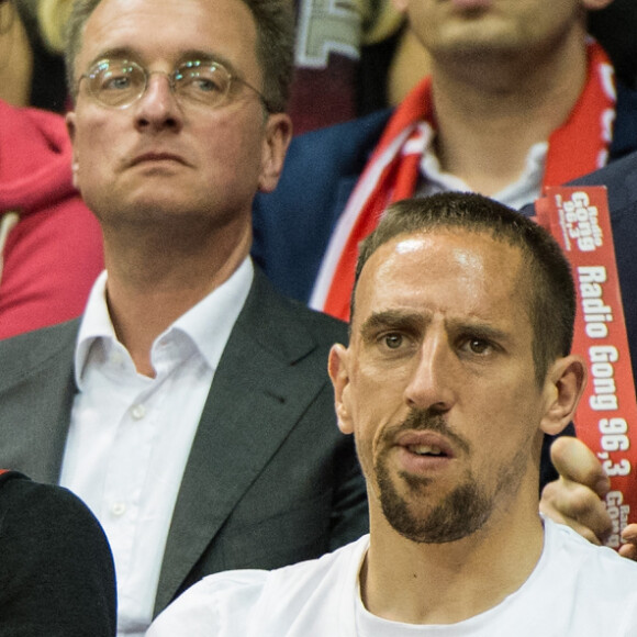 Franck Ribéry avec sa femme Wahiba et Bastian Schweinsteiger lors d'un match de basket de l'Euroleague opposant le FC Bayern Munich au Maccabi Tel Aviv, à Munich, le 3 avril 2014. Photo by Sabastian Widmann/Action Press/ABACAPRESS.COM