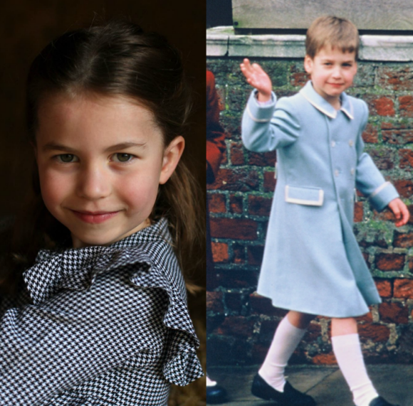 La princesse Charlotte sur un portrait réalisé par sa mère Kate Middleton pour ses 5 ans, le 2 mai 2020. Son père le prince William au même âge, en 1987.