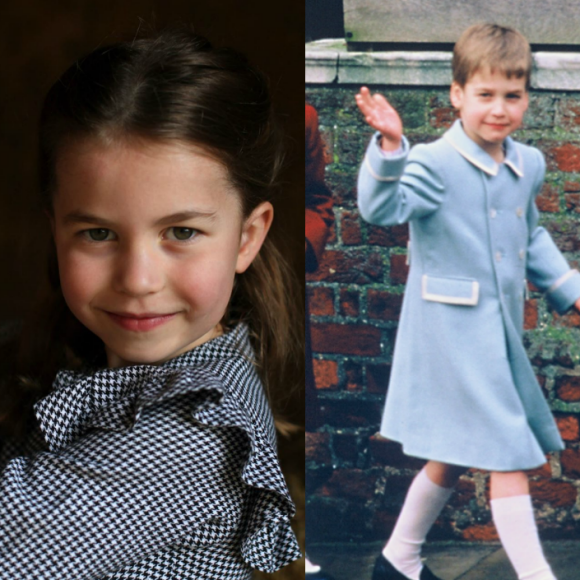 La princesse Charlotte sur un portrait réalisé par sa mère Kate Middleton pour ses 5 ans, le 2 mai 2020. Son père le prince William au même âge, en 1987.