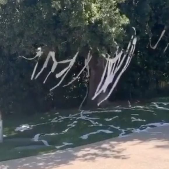 Khloé Kardashian et son neveu Mason ont répandu du papier toilette dans le jardin de Kourtney Kardashian. Mai 2020.