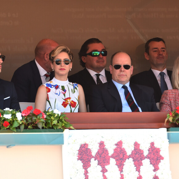 Jazmin Grace Grimaldi (la fille du prince Albert II de Monaco), son compagnon Ian Mellencamp, le prince Albert II de Monaco en tribune lors du Rolex Monte-Carlo Masters 2018 à Roquebrune Cap Martin le 19 avril 2018. © Bruno Bebert / Bestimage