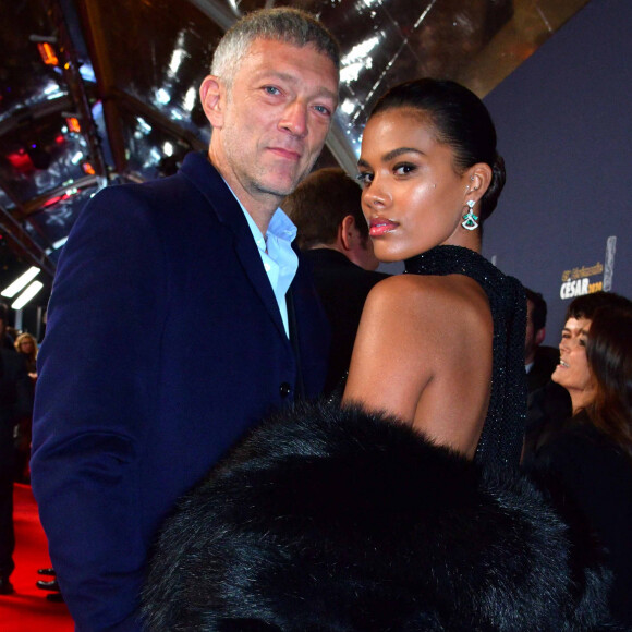 Exclusif - Vincent Cassel et sa compagne Tina Kunakey lors de l'arrivée à la 45ème cérémonie des Cesar à la salle Pleyel à Paris, le 28 février 2020.