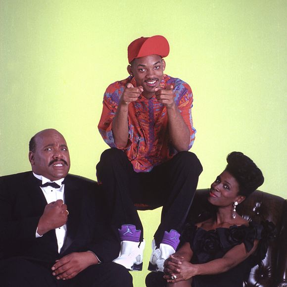 Will Smith, James Avery et Janet Hubert-Whitten sur le tournage de la série "Le Prince de Bel-Air", en 1990.