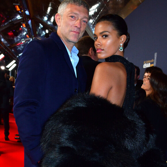 Exclusif - Vincent Cassel et sa compagne Tina Kunakey lors de l'arrivée à la 45ème cérémonie des Cesar à la salle Pleyel à Paris, le 28 février 2020.
