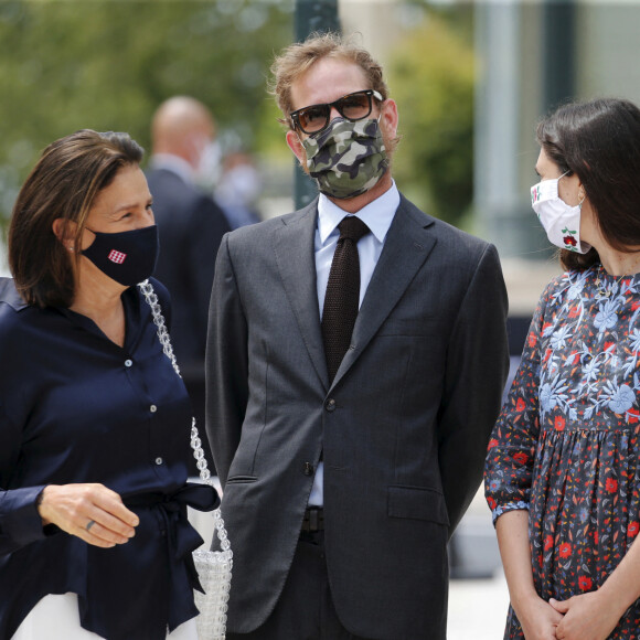 La princesse Stéphanie de Monaco, Andrea et sa femme Tatiana Casiraghi - Inauguration de la place du Casino en présence du couple princier à Monaco le 2 juin 2020. Les participants portent des masques pour se protéger de l'épidémie de Coronavirus (Covid-19). © Dylan Meiffret / Nice Matin / Bestimage