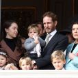 La princesse Alexandra de Hanovre, Andrea Casiraghi et ses enfants Maximilian, India et Sacha, Stefano Casiraghi, la princesse Caroline de Hanovre - La famille princière de Monaco au balcon du palais lors de la Fête nationale monégasque à Monaco. Le 19 novembre 2019 © Dominique Jacovides / Bestimage