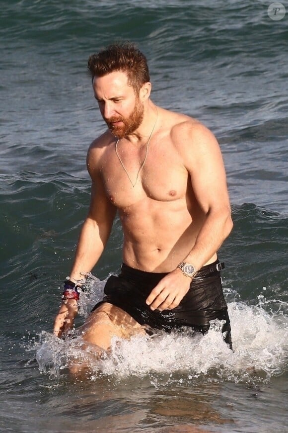 David Guetta et sa compagne Jessica Ledon, qui arbore un diamant à l'annulaire gauche, passent du bon temps sur la plage en compagnie de leur petit chien. Miami, le 23 novembre 2018.
