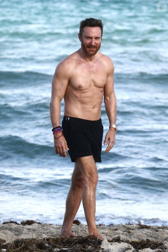 David Guetta et sa compagne Jessica Ledon, qui arbore un diamant à l'annulaire gauche, passent du bon temps sur la plage en compagnie de leur petit chien. Miami, le 23 novembre 2018.