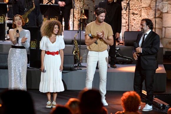 Exclusif - Elodie Frégé, Flavia Coehlo, Tom Leeb et André Manoukian durant le deuxième jour d'enregistrement de l'émission de télévision "Nice Jazz Festival" au Théâtre de Verdure à Nice, le 25 juillet 2020. © Bruno Bebert / Bestimage