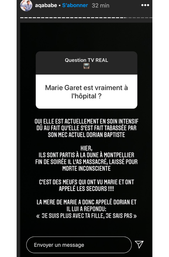 Le blogueur Aqababe fait des révélations sur Marie Garet après la fausse annonce de sa mort - Instagram, 7 septembre 2020