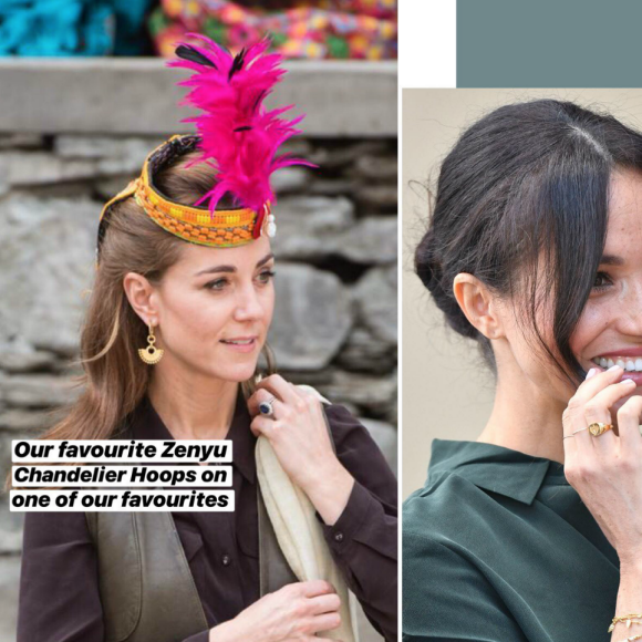 Kate Middleton (en 2019) et Meghan Markle (en 2018) portant des bijoux Missoma London.